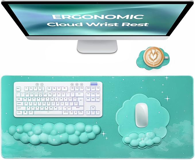 Premium Quality Cloud Wrist Rest Keyboard &amp Mouse Pad Set – Ergonomic Memory Foam Desk Accessories with Wrist Support &amp Cloud Coaster Wrist Rest for Office &amp Gaming- Mint