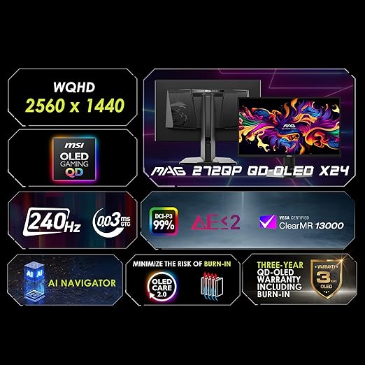 msi MAG 272QP QD-OLED X24 27-inch 2560 x 1440 (QHD) Gaming Monitor 240Hz Adaptive-Sync HDMI DisplayPort VESA Mountable Tilt Height Adjustable Speaker 0.03ms Black