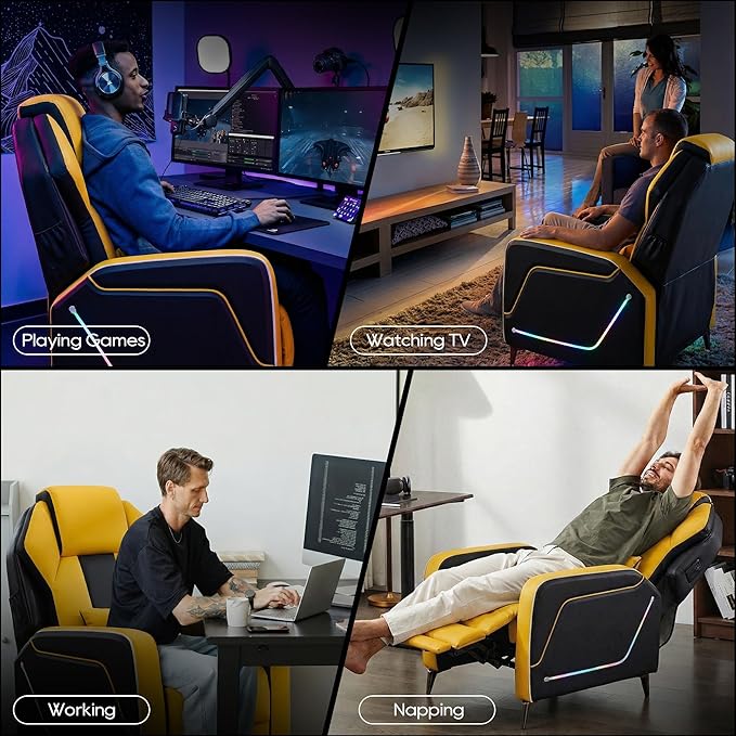 TUNYI Gaming Recliner Chair Racing Style Push-Back Reclining Sofa with Colorful LED Ergonomic Home Theater Seating Video Game Sofa for Gaming Room Living Room (Yellow)