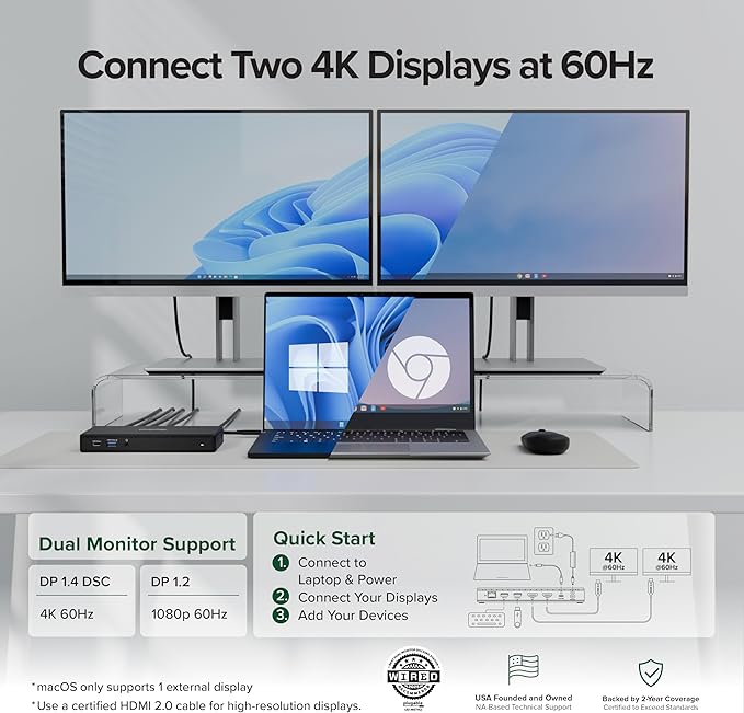 Plugable USB-C Docking Station Dual 4K 60Hz HDMI 65W Charging Gigabit Ethernet 1x USB-C 5Gbps 3X USB-A Audio Windows/ChromeOS USB-C/USB4/Thunderbolt Driverless (UD-MSTH2)