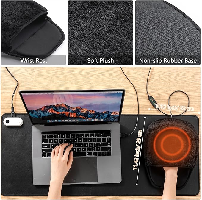 VIHOSE 2 Pcs Heated Desk Pad USB Mouse Hand Warmer Electric Warm Faux Leather Pad Large Safe Desk Keyboard Mat with 3 Heating Levels for Computer Users Gift Home Work Office Black
