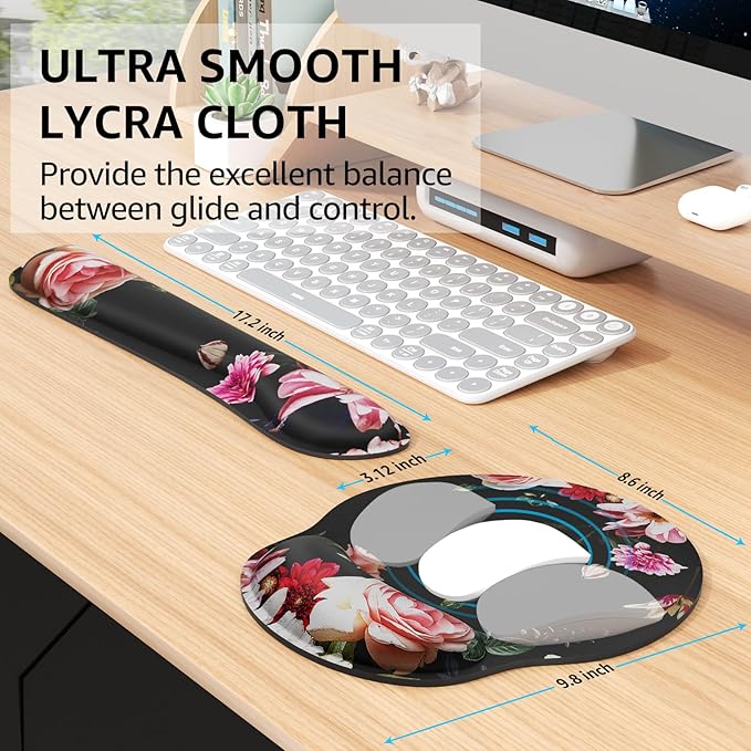KTRIO Ergonomic Keyboard Wrist Rest Memory Foam Mouse Pad with Wrist Rest for Computer Keyboard Mouse Pad Set for Easy Typing &amp Pain Relief for Office &amp Home Peony Flower