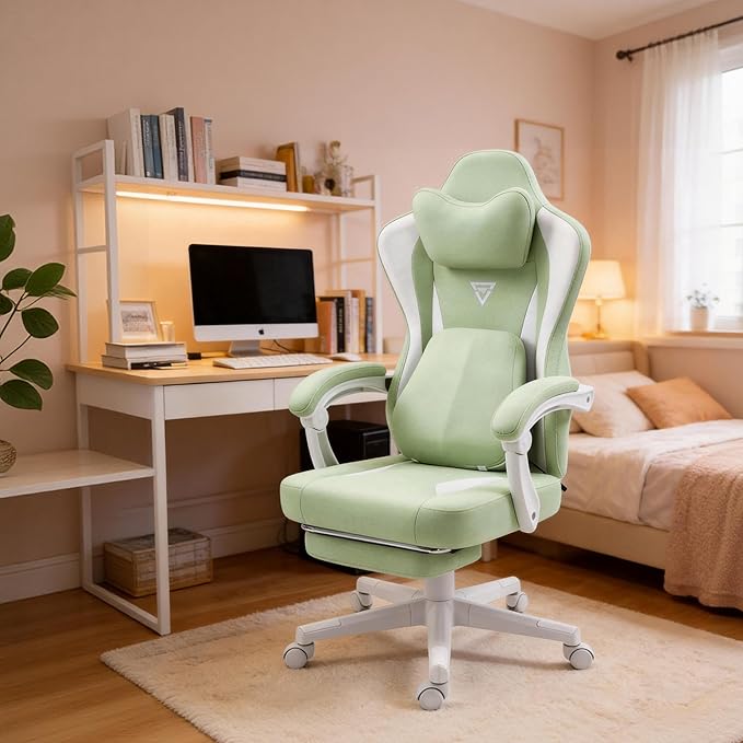 Cute Gaming Chair with Cat Paw Lumbar Cushion and Cat Ears Kawaii Pink Computer Chair with Footrest Ergonomic PC Video Anime Gaming Chairs Recliner for Kids Girls Teens (Green)