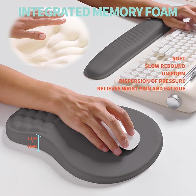 2-in-1 Ergonomic Set Wave Rise Keyboard Wrist Rest and Massage Bulge Slope Mouse Pad Wrist Support Cushion Memory Foam Integrated to Relieve Wrist Pain Deep Gray