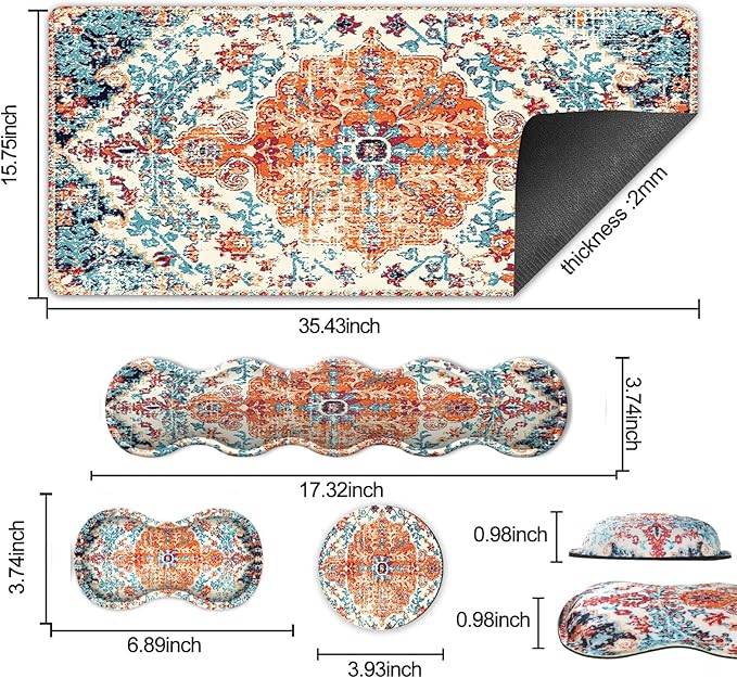 iLeadon Keyboard Mouse Pad Set Large Gaming Mouse Pad + Wrist Rest + Mouse Pad with Wrist Support + Coaster Easy Typing Pain Relief 35.4x15.7in Desk Mat for Home Office Boho