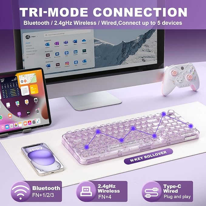 YUNZII X98 QMK/VIA Wireless Mechanical Gaming Keyboard with KnobTri-Mode BT5.0/USB-C/2.4GHz Hot Swappable KeyboardPre-lubed Switches Gasket Mount RGB Backlit for Wins/Mac (Purple Crystal Switch)