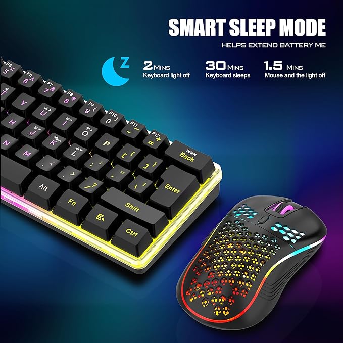 RedThunder 60% Wireless Gaming Keyboard &amp Mouse Combo with Rechargeable Battery Ultra-Compact Small RGB Mechanical Feel Keyboard Ergonomic Lightweight Honeycomb Optical Mouse for Gaming/Business