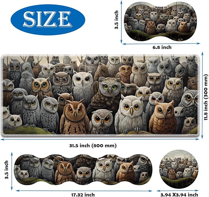 4 in 1 Mouse Pad Combo Large Gaming Mouse Pad + Keyboard Wrist Support + Mouse Wrist Rest + Coaster Table Pad 31.5 x 11.8 with Memory Foam Ergonomic Wrist Pad Set Many Owl