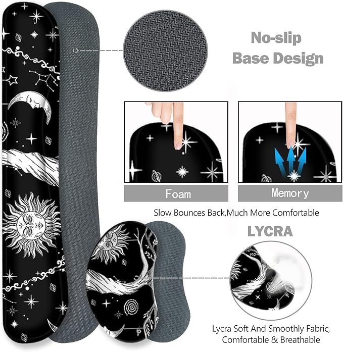 ToLuLu Extended Gaming Mouse Pad Memory Foam Ergonomic Keyboard Mouse Wrist Rest Support Set Large Desk Mat with Stitched Edges Non-Slip Base Mousepad for Home Office Game and Study Moon &amp Sun