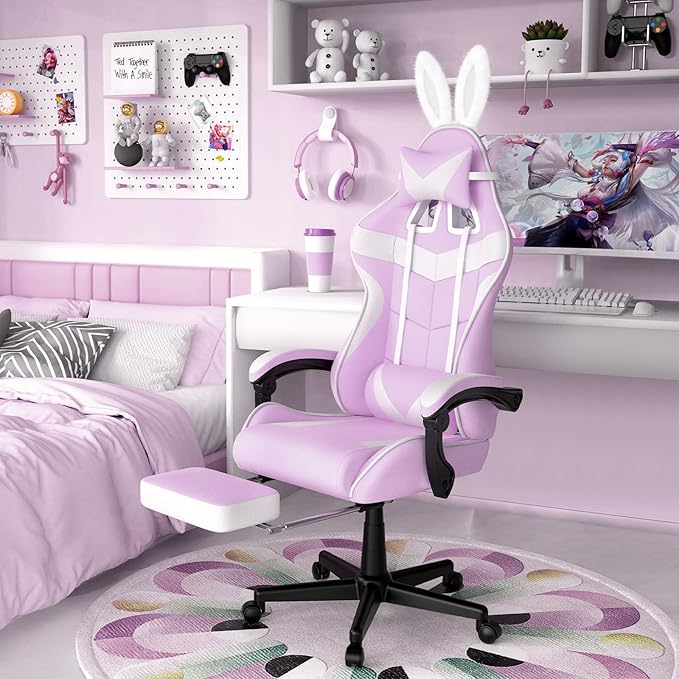 Soontrans Light Purple Gaming Chair with FootrestLovely Cute Bunny Computer Gamer ChairKawaii Desk Chair for GranddaughterSisterGirlfriendWife and Love