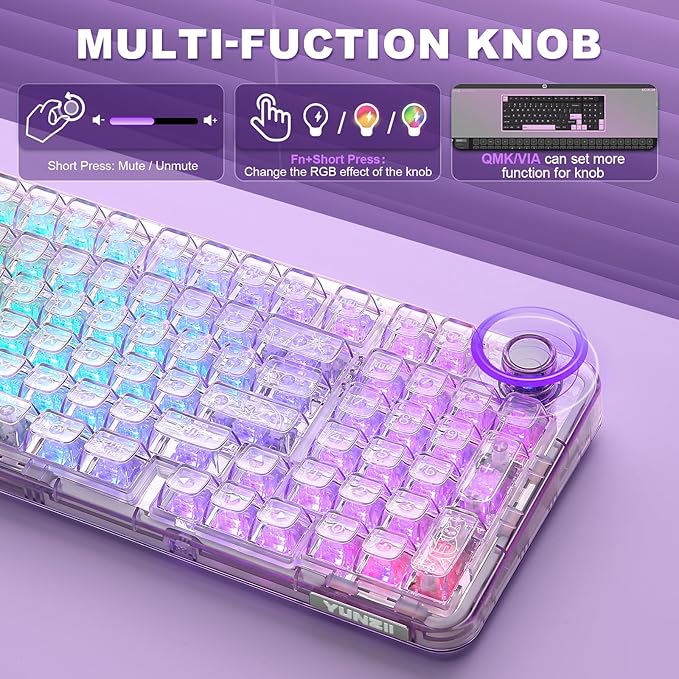 YUNZII X98 QMK/VIA Wireless Mechanical Gaming Keyboard with KnobTri-Mode BT5.0/USB-C/2.4GHz Hot Swappable KeyboardPre-lubed Switches Gasket Mount RGB Backlit for Wins/Mac (Purple Crystal Switch)