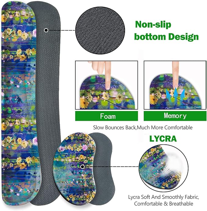 ARTSO Large Gaming Mouse Pad Set Keyboard Wrist Rest Support + Mouse Wrist Cushion + Extended Mousepad + Coaster 35x15.5in Multifunctional Desk Mat 4pcs Oil Painting Flowers