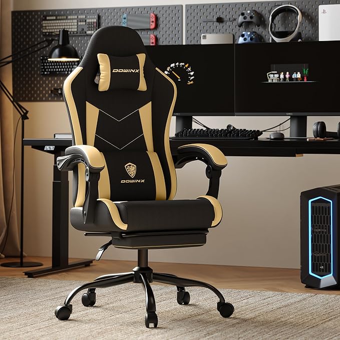 Gaming Chair with Footrest Ergonomic 330lbs Leather Mesh Chair Massage Lumbar Support Adjustable Height &amp Headrest Pillow Breathable Seat for Office Home Streaming Long Gaming Sessions Gol