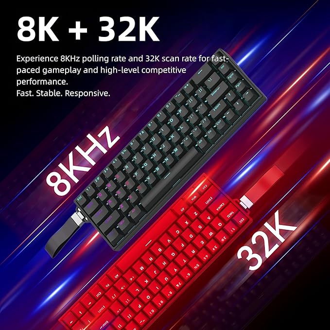 65% Mechanical Gaming Keyboard (68 Keys) 8K Hz Hall Effect Magnetic Switch 0.01mm Adjustable Actuation Rapid Trigger RGB Backlit Wireless/Wired Compact Keyboard for Gaming (Black)