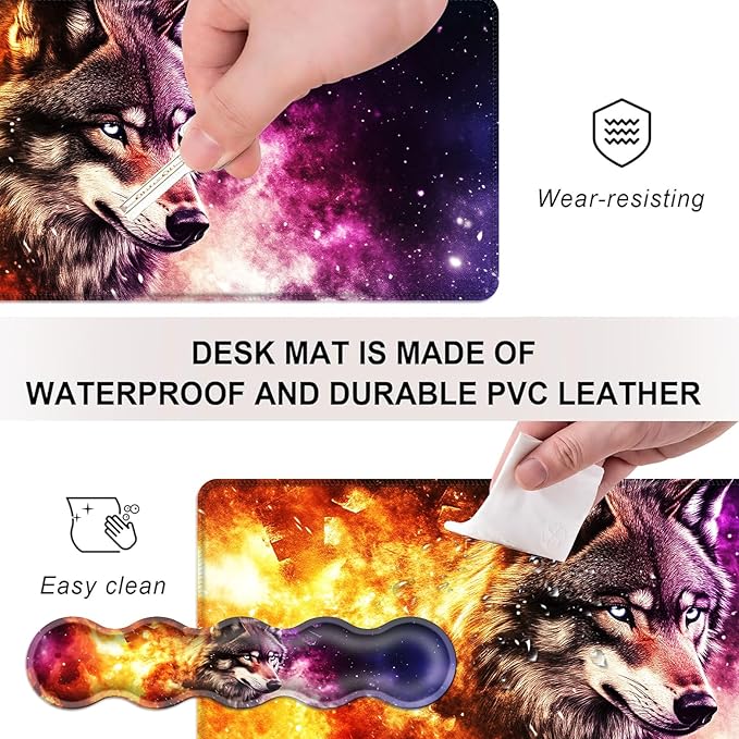 Mouse PadLarge Desk Mat Set 4in1 XL Mousepad + Keyboard Wrist Rest+Mouse Wrist Rest+Coaster with Ergonomic Desk Pad for Home Office Table Computer Cover -Cosmic Wolf Purple Nebula