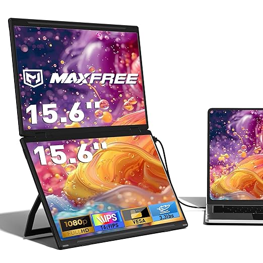 Maxfree Laptop Screen Extender 15.6'' FHD 1080P Dual Portable Monitor with USB C HDMI Plug &amp Play VESA Mountable Lightweight Dual Monitor for Laptop Windows Mac(M1/M2/M3 chip) Android Ps4 Sw