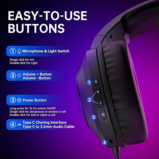 AOC Wireless Gaming Headset Compatible with PS5/4 Nintendo Switch PC Bluetooth 5.4 &amp 2.4GHz Gaming Headphones with Noise Canceling Mic RGB Type-C 20ms Latency 45H 7.1 Virtual Surround- Bla