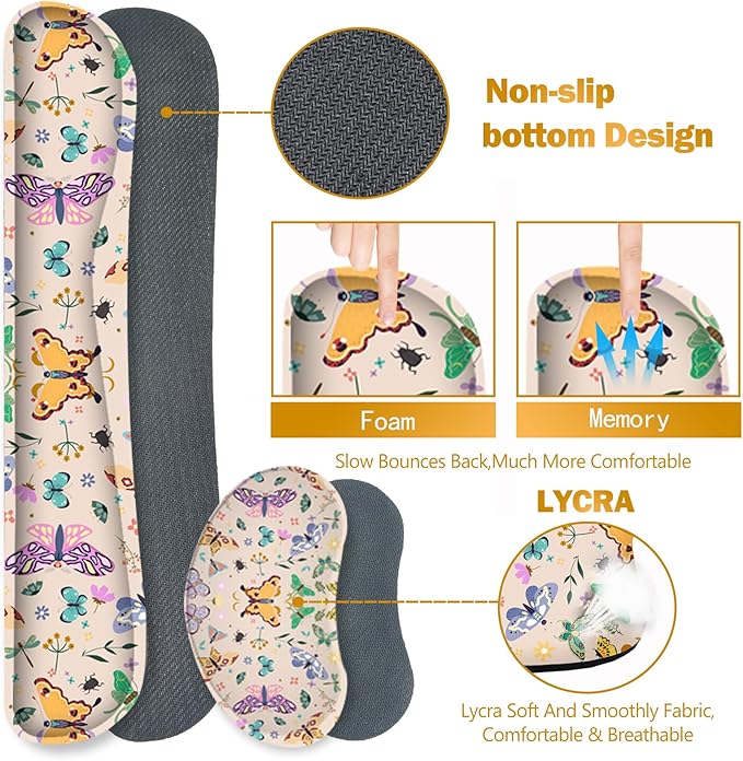 ARTSO Desk Mat Set Apricot Extended Gaming Mouse Pad with Wrist Rest Support +Keyboard Wrist Rest +Coaster Large Cute Butterfly Mousepad Easy Typing and Pain Relief