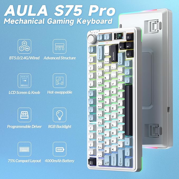 AULA S75 PRO Wireless Mechanical Keyboard with Screen&ampKnob 75% Hot Swappable Gaming Keyboard with Pre-lubed Switches RGB Backlit PBT Keycaps Creamy Sounding Pc Gaming Keyboards