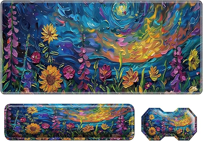 3Pcs Mouse Pad Set Watercolor Flowers Large Gaming Mouse Pad with Stitched Edge Ergonomic Memory Foam Keyboard Wrist Support and Mouse Wrist Rest Cushion Pain Relief Non-Slip Desk Pad Combo