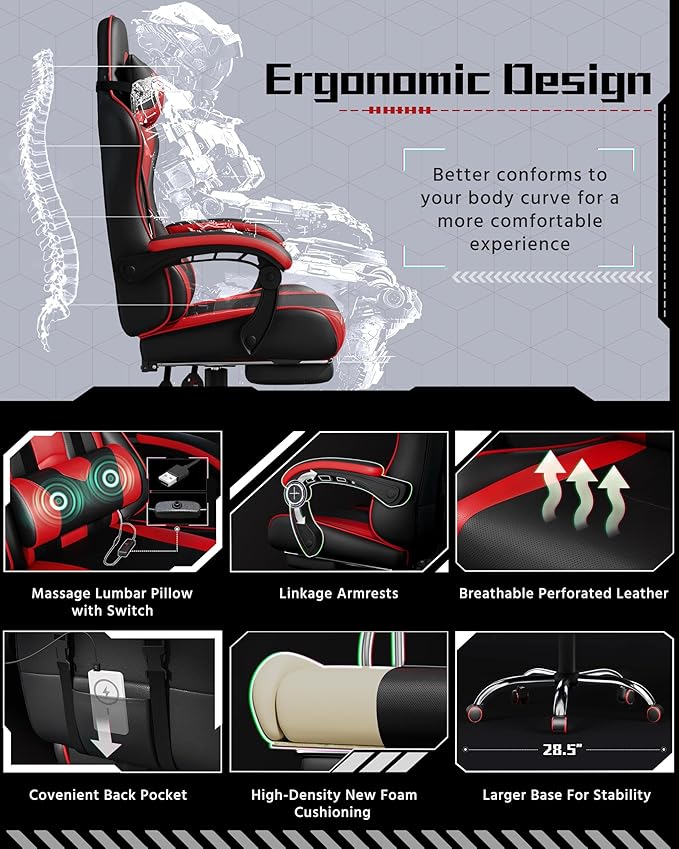 Yaheetech Gaming Chair Video Game Chair with Massage Lumbar Support and Footrest Height Adjustable Ergonomic Computer Chair with Swivel Seat and Headrest Black/Red