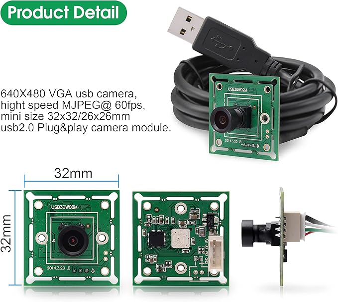USB Camera Module 100 Degree No Diistortion Lens USB Camera 60fps High Speed Camera 10.2Inch Mini Webcam for Industrial Machine Supports Most OS with 3.3ft/1m Cable forRaspberry Pi Jetson Nano