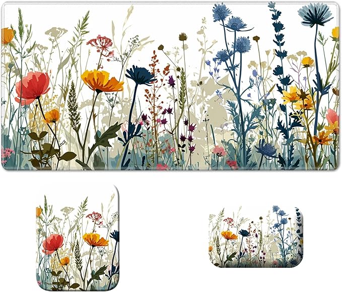 Wrist Rest Pad Small Mouse Pad and Office Desk Mat Set 3 in 1 Desk Pad 11.8 x 23.6+Mousepad +Mouse Wrist Rest with Ergonomic Design Non-Slip for Home Gaming Computer Red Orange Flowers