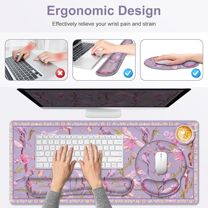 Flower Desk Mat 4in1 Large Mouse Pad with Wrist Rest Cute Desk Matt for Desktop Desk Pad Mat Anti-Slip XXL Computer Ergonomic Mousepad with Wrist Support for Keyboard and Mouse I Purple Bird