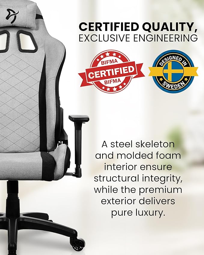 Arozzi Avanti Gaming Chair - Soft Fabric Ergonomic Gaming Chairs for Adults - Adjustable Height Backrest &amp Armrest with Head Pillow - Home Office Setup Professional Computer Chairs Light Grey