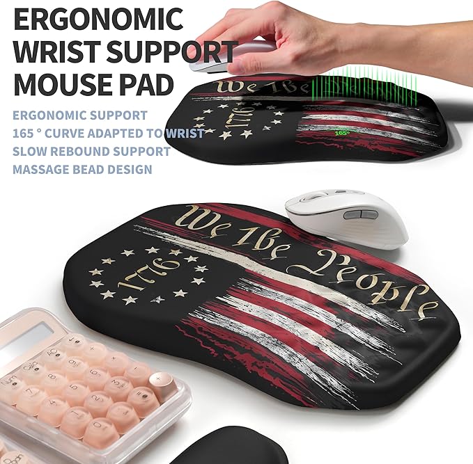 2-in-1 Ergonomic Set Wave Keyboard Wrist Rest and Massage Slope Mouse Pad Wrist Support Rebound Memory Foam for Relieve Carpal Tunnel Syndrome and Wrist Pain (Flag)