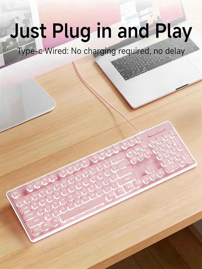 EWEADN GX710S Backlit Computer Keyboards Wired USB Keyboard with White Backlit Metal Panel Plug and Play Pudding Keycaps Full Size Quite Computer Keyboard for Win/PC/Laptop-Pink