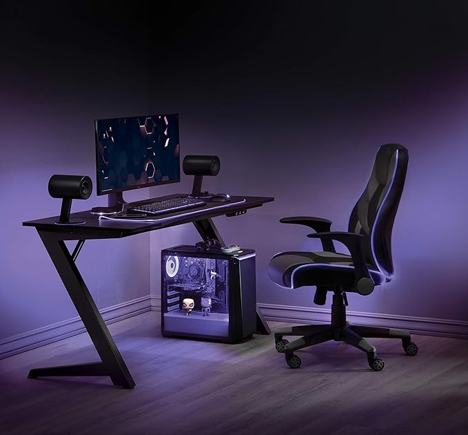 OSP Home Furnishings Output Mid-Back LED Lit Gaming Chair with Thick Padded Seat and Lumbar Support Black Faux Leather with Grey Trim and Accents
