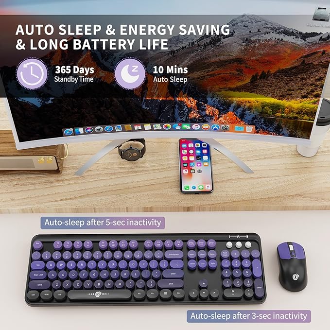 Wireless Keyboard and Mouse Combo 2.4 GHz Wireless Full-Sized Typewriter Keyboard with Round Keycaps for Windows Computer Desktop PC Laptop (BlackPurple)