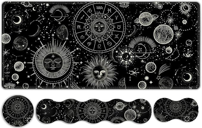 Gaming Mouse Pad Keyboard Wrist Support 4 in1 Mousepad Set with Wrist Keyboard Rest Computer Desk Mat Non-Slip Desk Pad Protector with Memory Foam Easy Typing Pain Relief I Moon Sun Cosmic