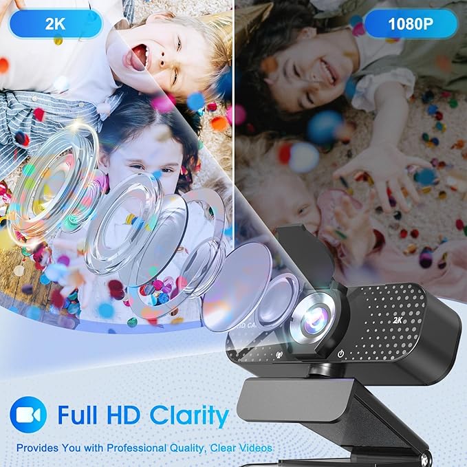 2K HD Webcam with Wide Angle Lens Privacy CoverAuto Light Correction and Noise-Canceling Mic Plug &amp Play USB Camera for Mac/Laptop/PC Compatible with Zoom Skype Teams