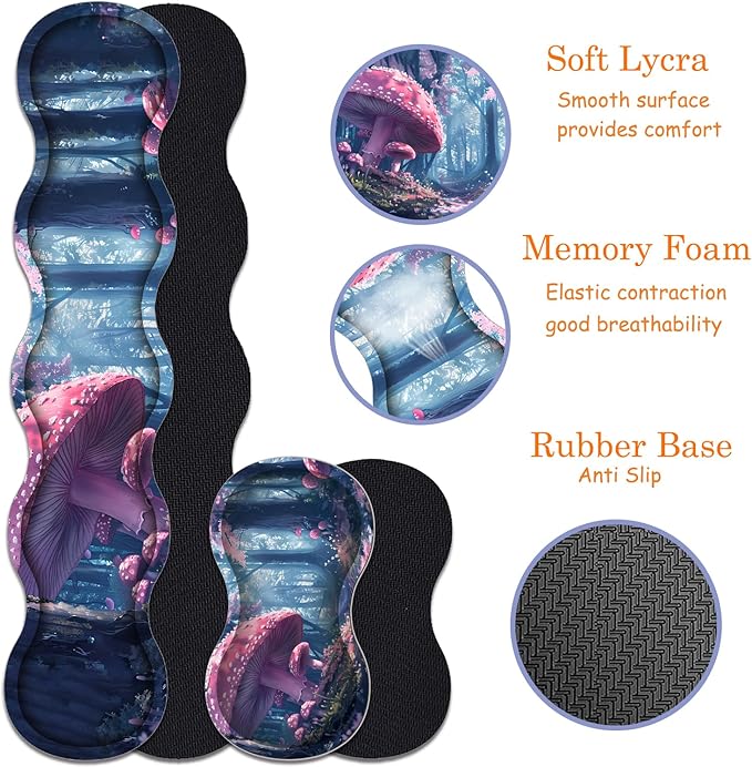 Large Gaming Mouse Pad + Keyboard Wrist Rest + Wrist Support + Coaster Set Memory Foam Ergonomic for Easy Typing XXL Extended Gaming Mouse Pad Table Pad - Mushroom Forest