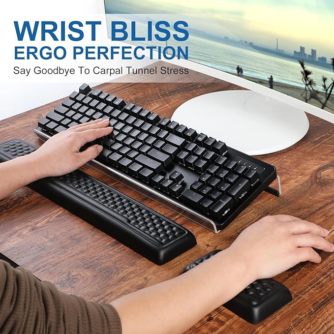 3-in-1 Keyboard Stand with Ergonomic Wrist Rest Set Acrylic Keyboard Holder for Desk with Carpal Tunnel Support Memory Foam Mouse Pad Riser for Desktop/Computer - Black Leather