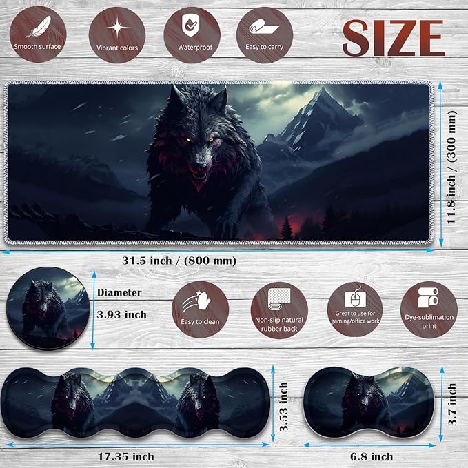 Gaming Mouse Pad Set Large Gaming Mouse Pad+Keyboard Wrist Rest+Mouse Wrist Rest+Coaster Easy Typing Pain Relief 31.5 × 11.8 inch Desk Mat for Home Office - Wolf Night