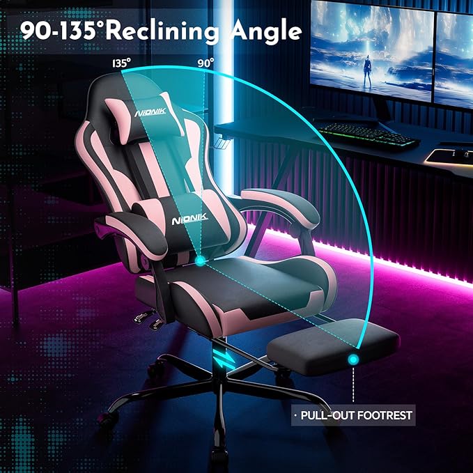 Gaming Chair Ergonomic Computer Chair with Footrest and Lumbar Support Height Adjustable Game Chair with 360°-Swivel Seat and Headrest and for Office or Gaming Blackpink