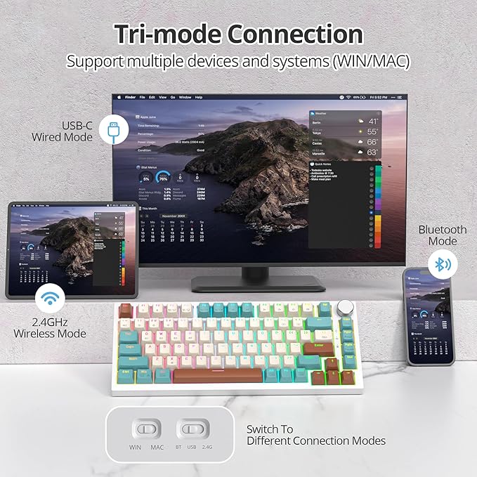 75% Wireless Creamy Mechanical Keyboard Hot Swappable Custom Keyboard RGB Backlit Gasket Gaming Keyboard 2.4G/BT5.0/USB-C Mechanical Gaming Keyboard Pre-lubed Linear Gray Cream Switches