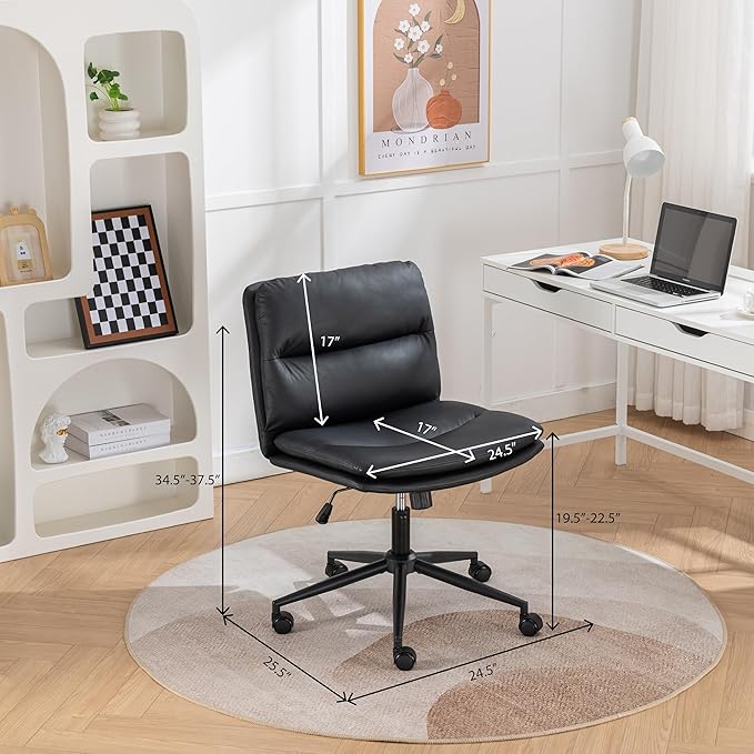 Adjustable Swivel Criss Cross Chair with Wheels Wide Seat Office Chair with PU Leather Computer Desk Chair with Ergonomic Support Modern Vanity Chair for Home &amp WorkspaceBlack