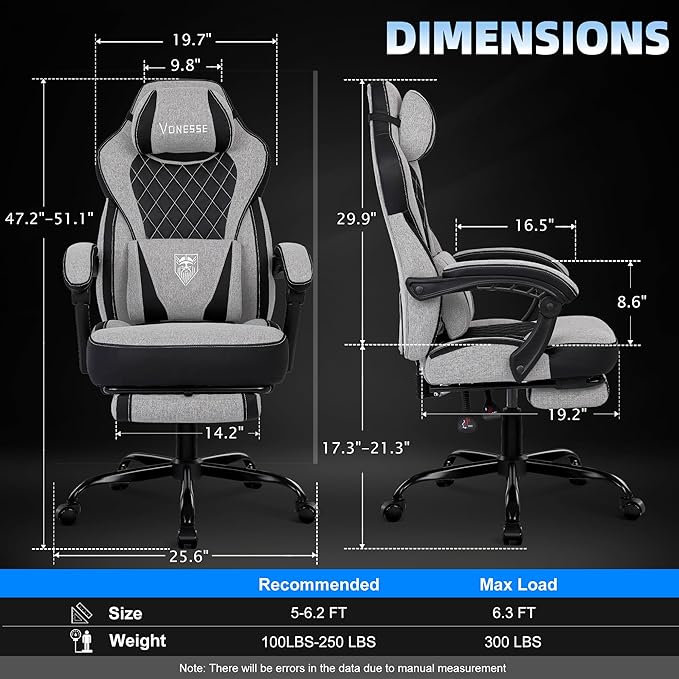 Vonesse Gaming Chair Reclining Fabric Gaming Chairs for Adults 250LBS Office Chair with Pocket Spring Cushion Computer Chair with Footrest and Massage Lumbar Support (Light Gray)