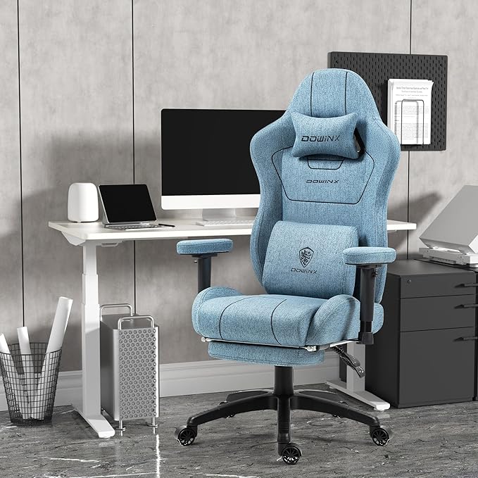 Dowinx Fabric Gaming Chairwith Pocket Spring Cushion Ergonomic Computer Chair with Massage Lumbar Support Comfortable Reclining Game Office Chair 300lbs for Adult Blue