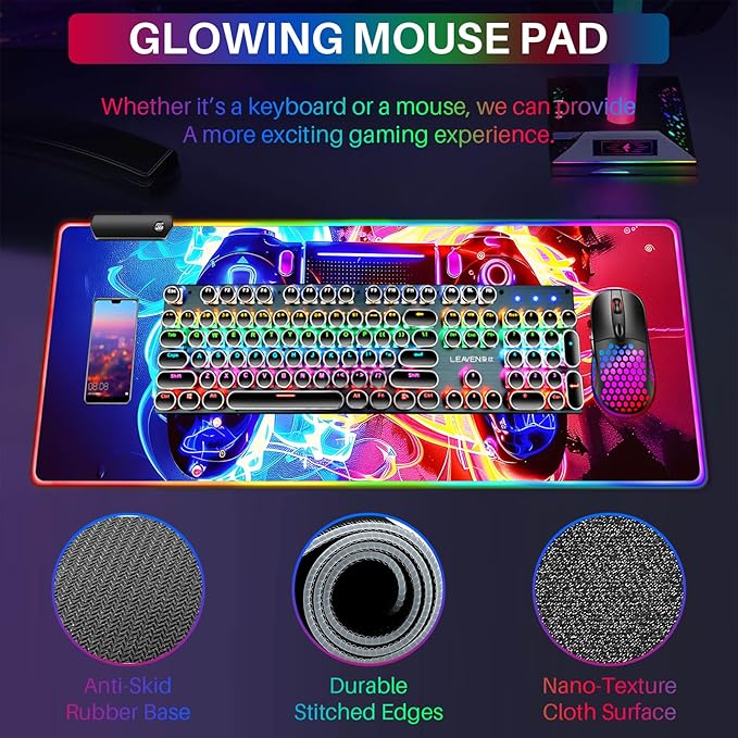 XL RGB Gaming Mouse Pad with 14 Light Modes - Light Up Gamer Mouse Pad31.5 x 11.8in Non-Slip Gamepad Style Led Large Gamer MousepadBlack Long Glowing Gaming Accessories for Desk Waterproof