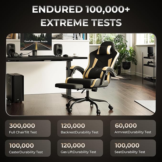 Gaming Chair with Footrest Ergonomic 330lbs Leather Mesh Chair Massage Lumbar Support Adjustable Height &amp Headrest Pillow Breathable Seat for Office Home Streaming Long Gaming Sessions Gol