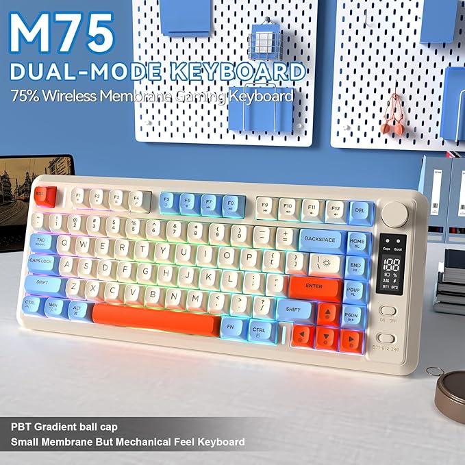 ZIYOU LANG M75 Wireless Gaming Keyboard RGB Backlit Rechargeable 2000mAh Battery Small Membrane But Mechanical Feel Keyboard with Smart Display &amp Knob PBT Gradient keycaps for PC MAC - Blueber