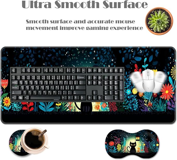 Ergonomic Keyboard Wrist Rest &amp Mouse Pad Wrist Rest SetXL Gaming Desk Mat 31.5x 11.8Non-Slip BaseMemory FoamEasy Typing Pain Relief for Office &amp HomeBlack Cat