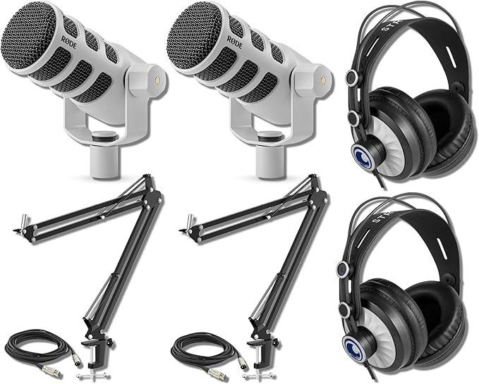 Rode PodMic Cardioid Dynamic Broadcast Microphone (White Pair) with 2X Cans50 Studio Headphones 2X Microphone Boom Arms and 2X XLR Cables