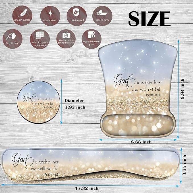 Keyboard Wrist Rest Pad and Ergonomic Mouse Pad Wrist Rest (with Coaster) Set Non-Slip Base &amp with Memory Foam for Easy Typing and Wrist Pain Relief - Bible Verses Psalm 46-5
