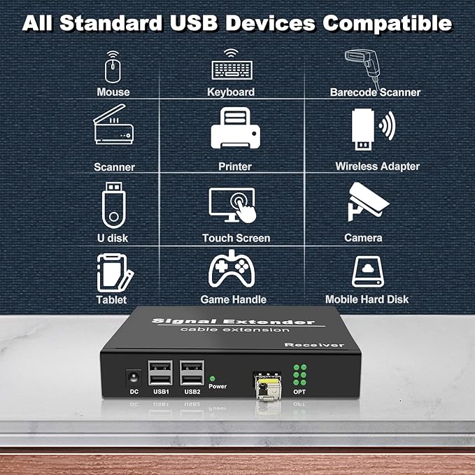 USB2.0 Extender Over Fiber EMI-Resistant Optic up to 20KM (12.4 mi) 4 Ports USB Over Fiber Balun Transmitter and Receiver Support All Operating Systems Plug and Play